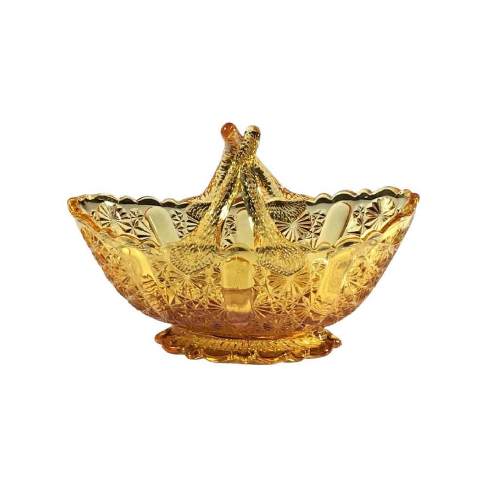 Amber Glass Basket Small Daisy Pattern Split Twig Handle Candy Dish - Picture 10 of 10